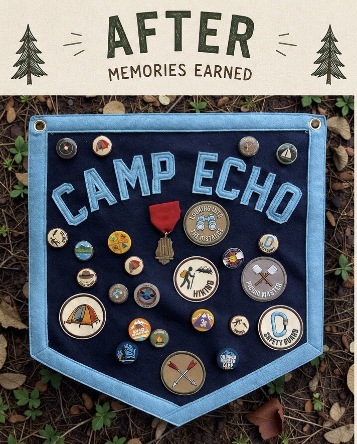 Navy and light blue Camp Echo felt pennant covered in award patches and a medal, labeled After: Memories earned