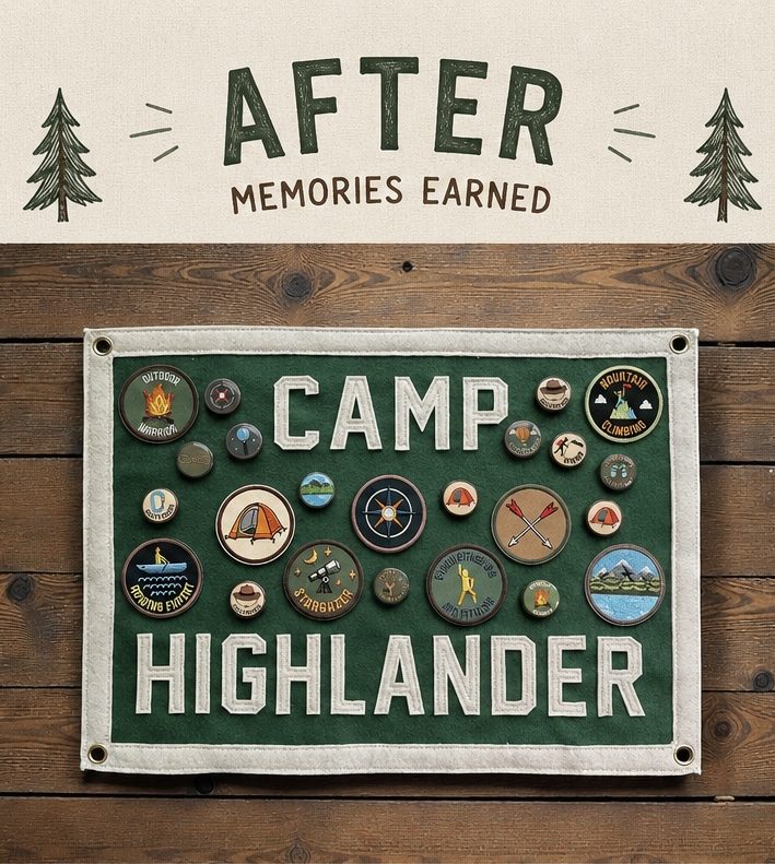 Green Camp Highlander felt pennant covered in award patches, labeled After: Memories earned