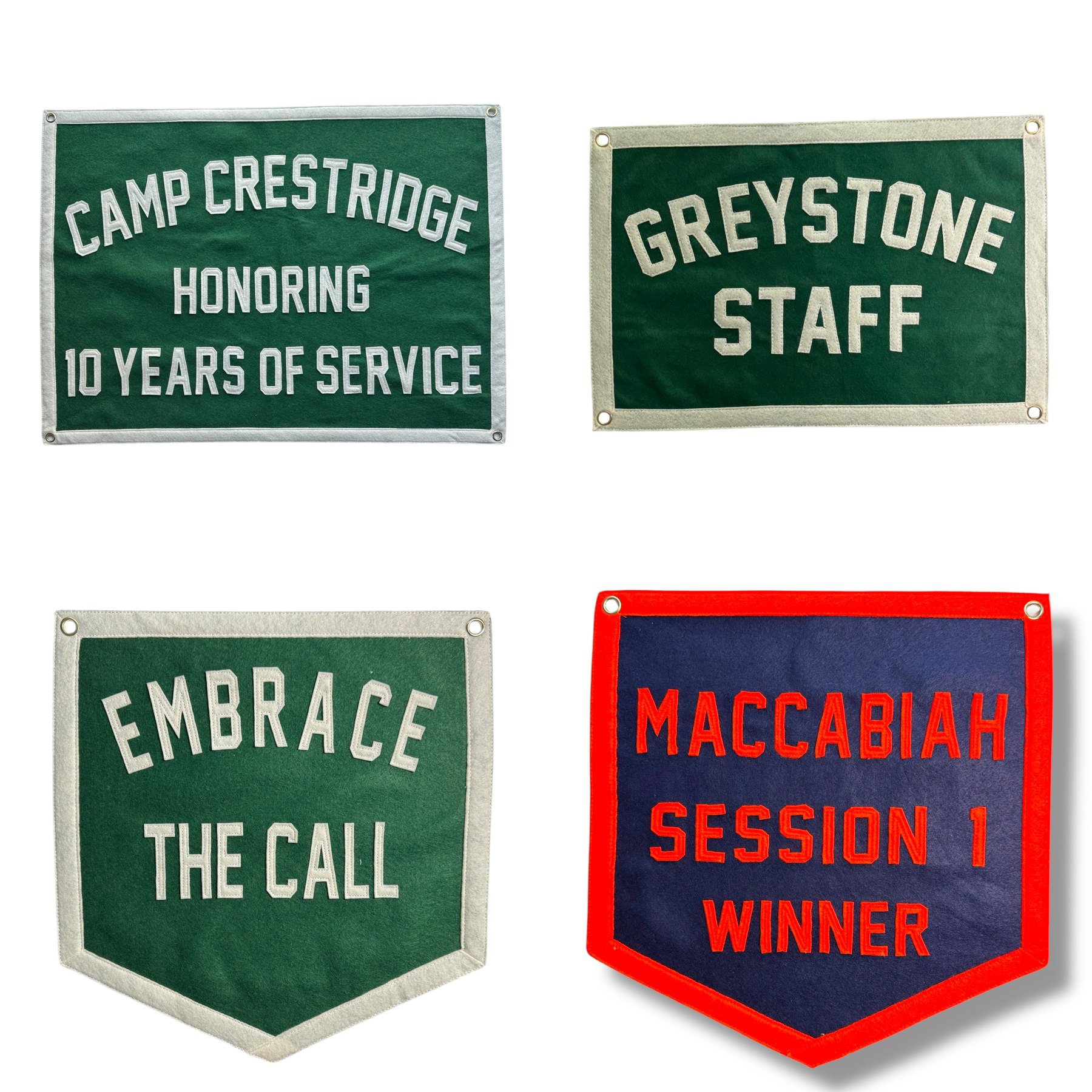 Staff award felt banners for Crestridge, Greystone, Embrace and Maccabiah