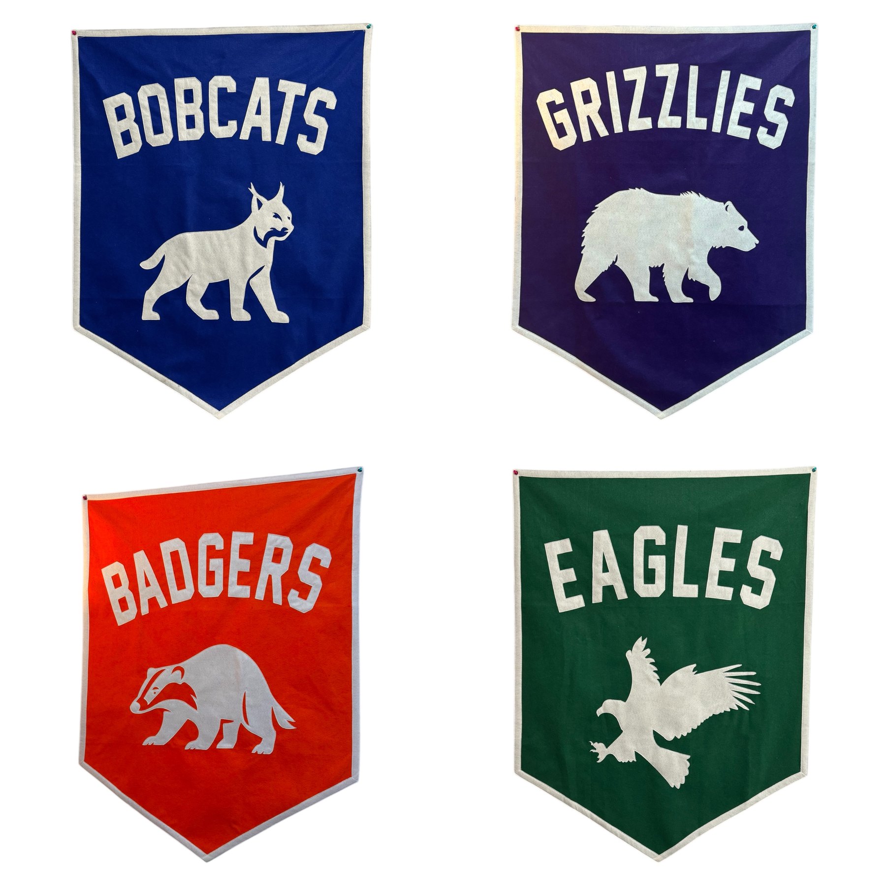Bobcats, Grizzlies, Badgers and Eagles color war felt banners