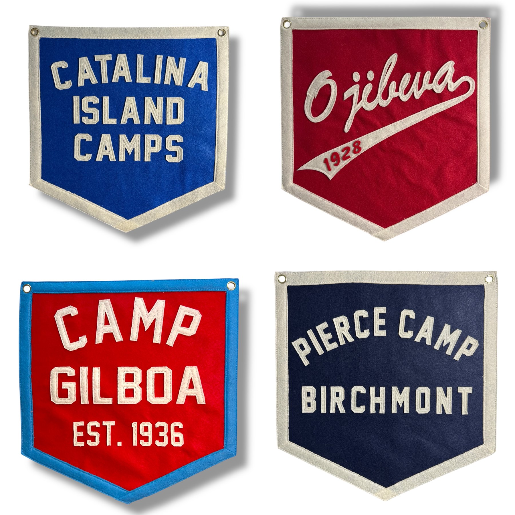 Custom felt camp banners for Catalina, Ojibwa, Gilboa and Pierce