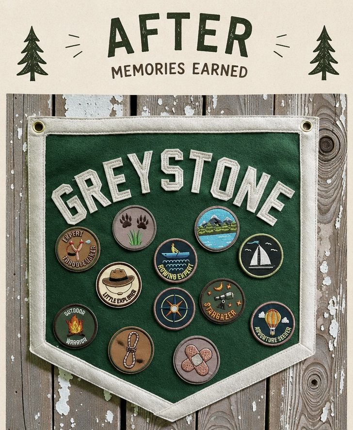 Green Greystone felt pennant covered in award patches, labeled After: Memories earned