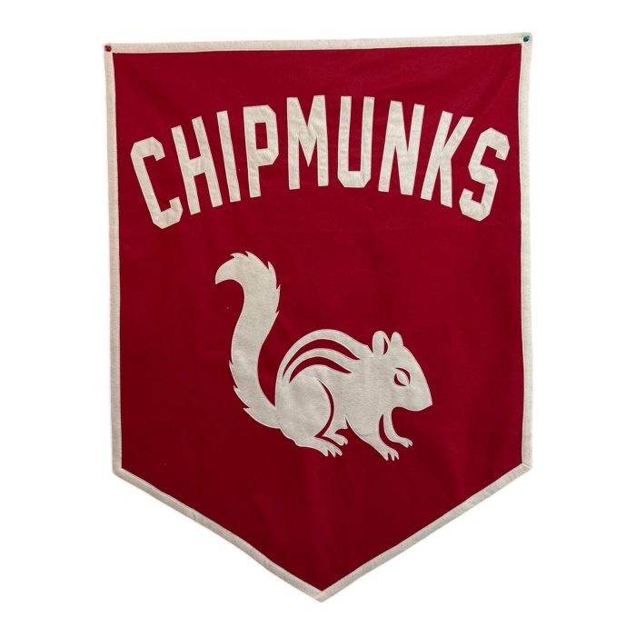 Crimson felt Chipmunks team banner with a cream felt chipmunk