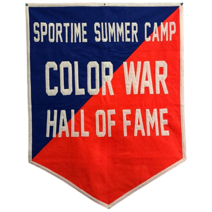 Navy and red split felt banner reading Sportime Summer Camp Color War Hall of Fame
