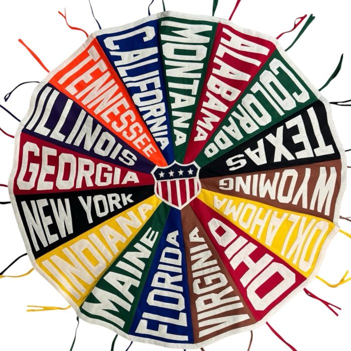 Circular arrangement of colorful felt pennants with state names arranged around a center emblem