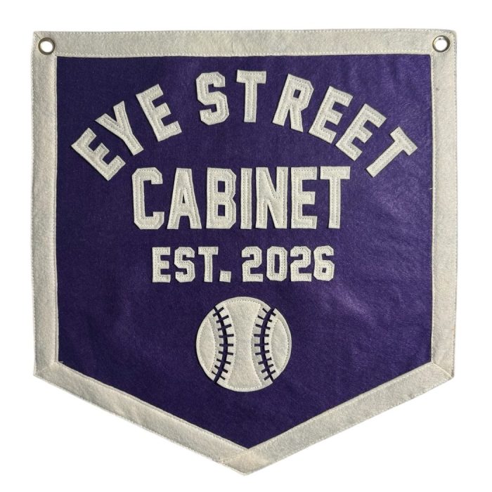 Purple felt banner reading Eye Street Cabinet Est. 2026 with a cream baseball