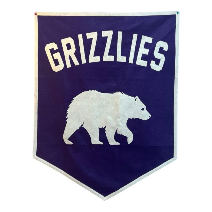 Purple felt Grizzlies team banner with a cream felt bear