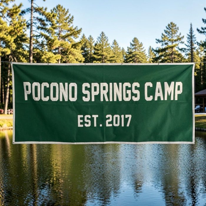 Green felt banner reading Pocono Springs Camp Est. 2017 stretched in front of a lake and pine trees