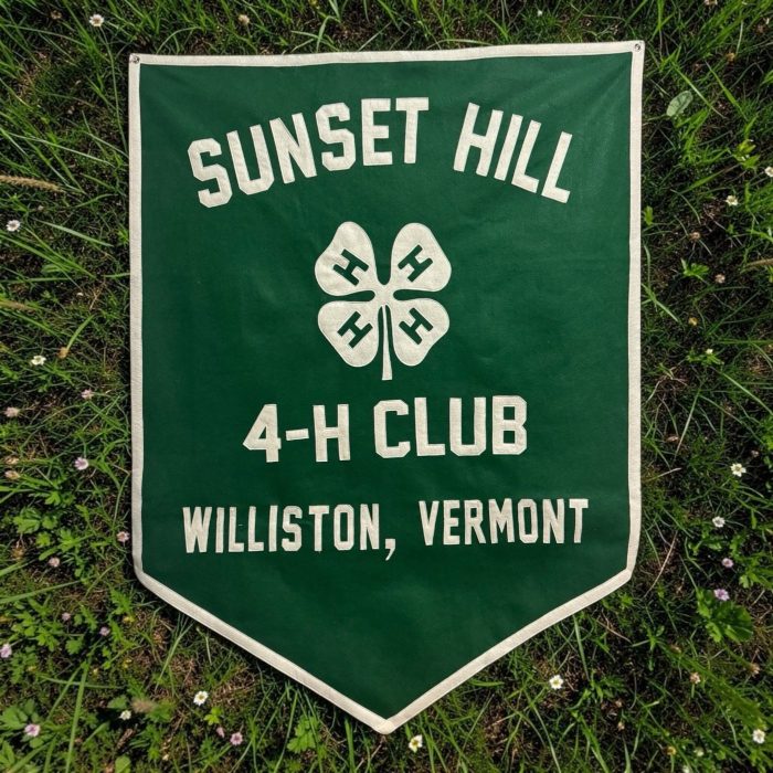Green felt banner for Sunset Hill 4-H Club in Williston, Vermont lying in grass