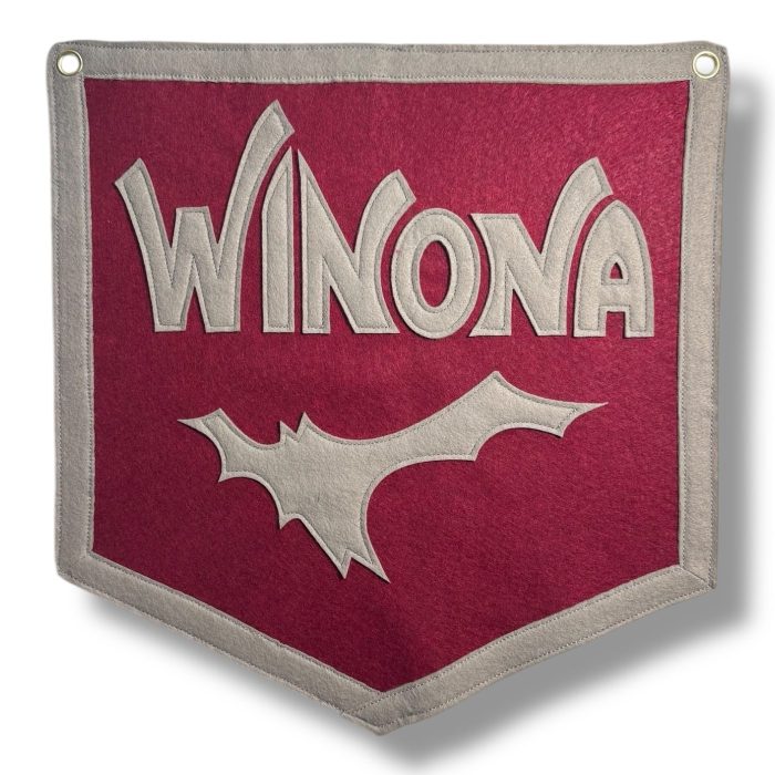 Magenta felt Winona banner with cream felt lettering and design